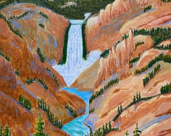 Original Acrylic Painting, Lower Yellowstone Falls, National Park Art