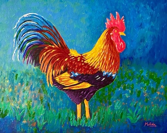 Colorful Rooster Painting, Chicken Art, Kitchen Decor, Art Print, Giclee, Christmas Gift