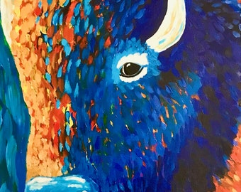 バイソンの絵画野生動物、バッファローキャンバスアートプリント野生動物アート