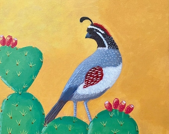 ウズラの絵画、ギャンブルウズラの野生動物アート、細字、鳥のアート、野鳥の絵画、砂漠の鳥、クリスマスギフト