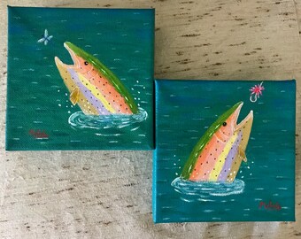 Jumping Trout Painting Fish Art Rainbow Trout Painting on Canvas Get One or Both Art Gift Father's Day Gift For Him 5x5x1.5