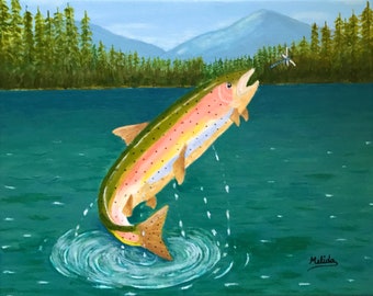 Jumping Rainbow Trout Painting Fish Art Lake Fishing Trout, Art Gift, Art Print For Fishers Gift