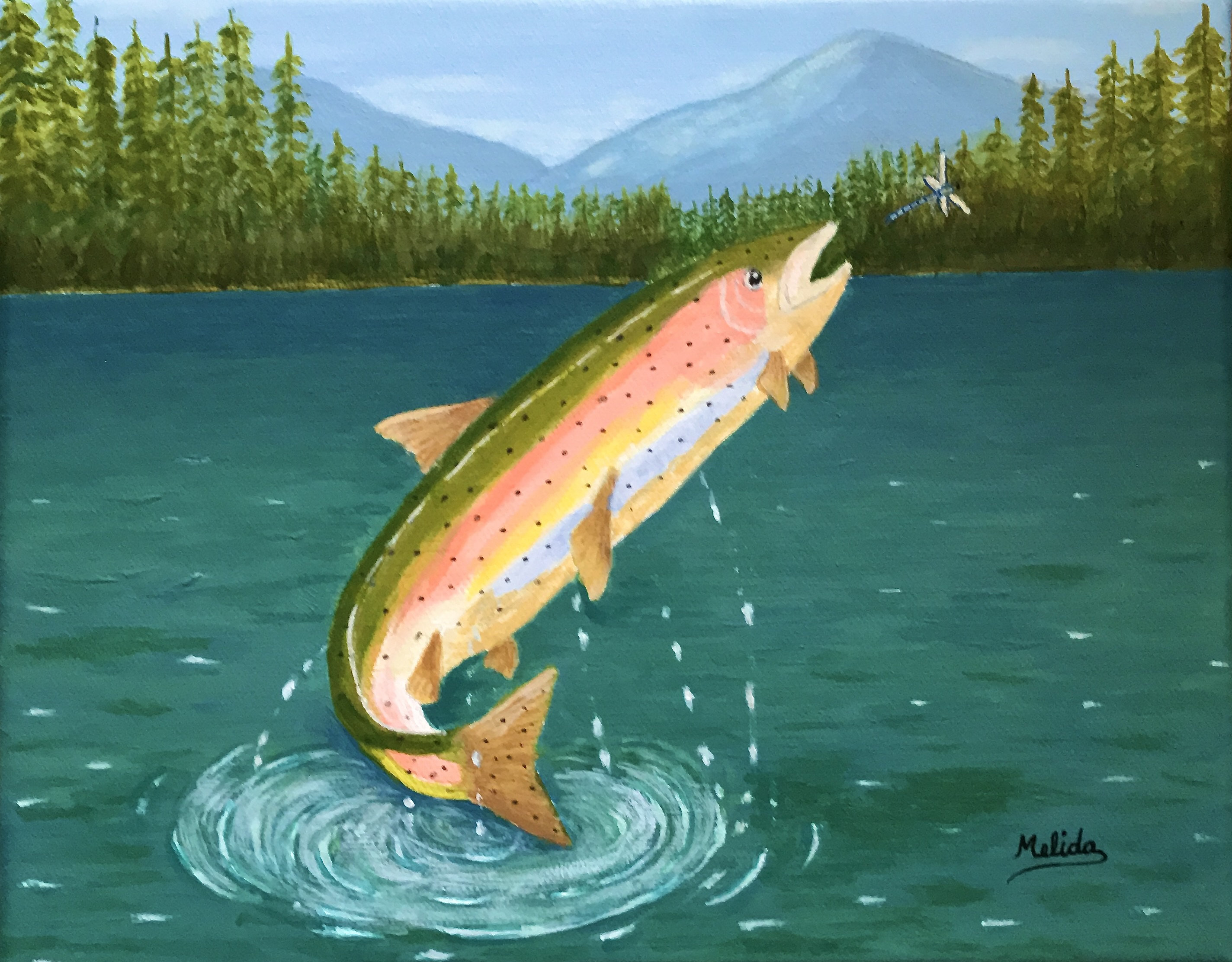 Jumping Rainbow Trout Painting Fish Art Lake Fishing Trout, Art Gift