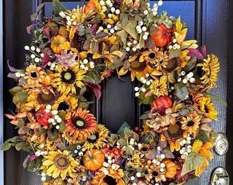 SALE, Fall Wreath, Door Wreath, Sunflower Pumpkin Wreath, Hydrangea Wreath, Fall Fantasy, Front Door Wreath, Housewarming Gift