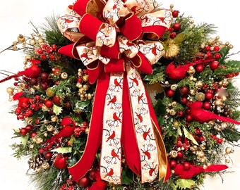 SOLD OUT - Woodland Christmas Wreath Cardinals Berry Branches Golden Branches Sprarkling Red Gold Ornaments