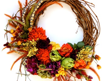 SOLD OUT Autumn Woodland Wreath, Fall Cornucopia Classic Wreath, Pheasant Feathers, Preserved Artichokes, Thanksgiving Holiday