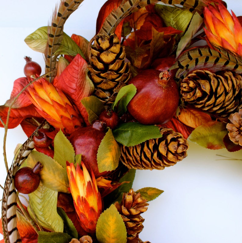 SOLD Thanksgiving Wreath, Woodland Autumn Fall Magnolia, Wall Hanging, Berry Pomegranate & Pheasant Feather Designer Wreath, Hostess Gift image 4