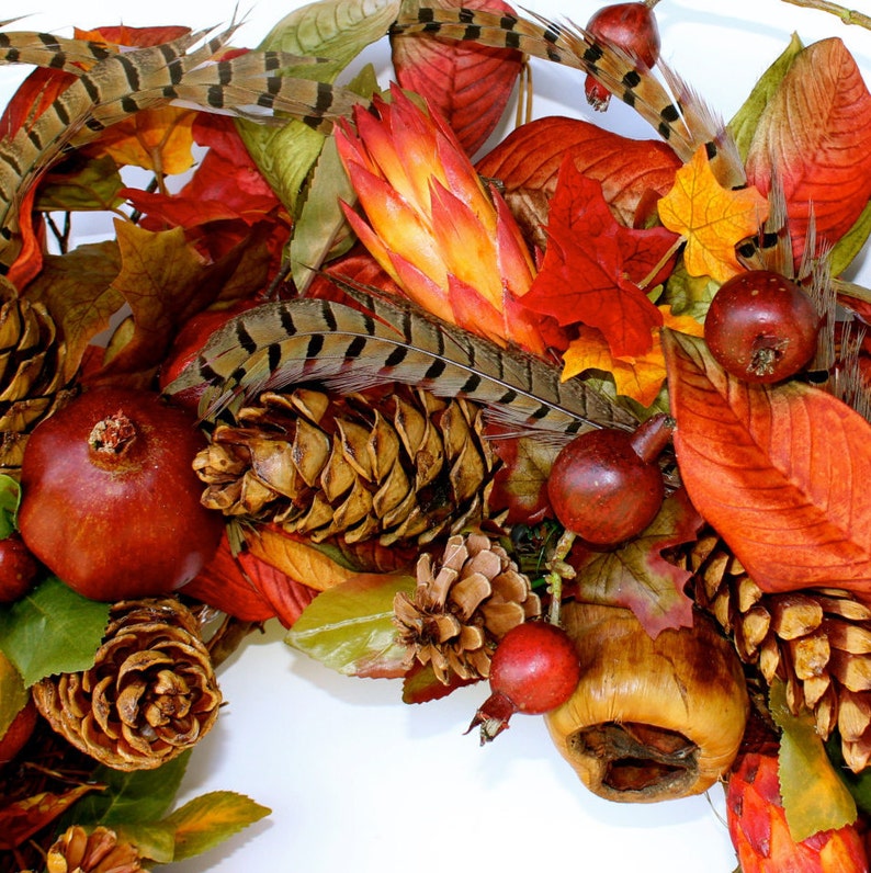 SOLD Thanksgiving Wreath, Woodland Autumn Fall Magnolia, Wall Hanging, Berry Pomegranate & Pheasant Feather Designer Wreath, Hostess Gift image 3
