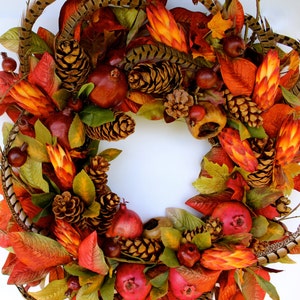 SOLD Thanksgiving Wreath, Woodland Autumn Fall Magnolia, Wall Hanging, Berry Pomegranate & Pheasant Feather Designer Wreath, Hostess Gift image 2