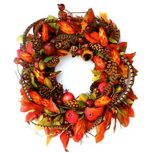 SOLD Thanksgiving Wreath, Woodland Autumn Fall Magnolia, Wall Hanging, Berry Pomegranate & Pheasant Feather Designer Wreath, Hostess Gift image 1