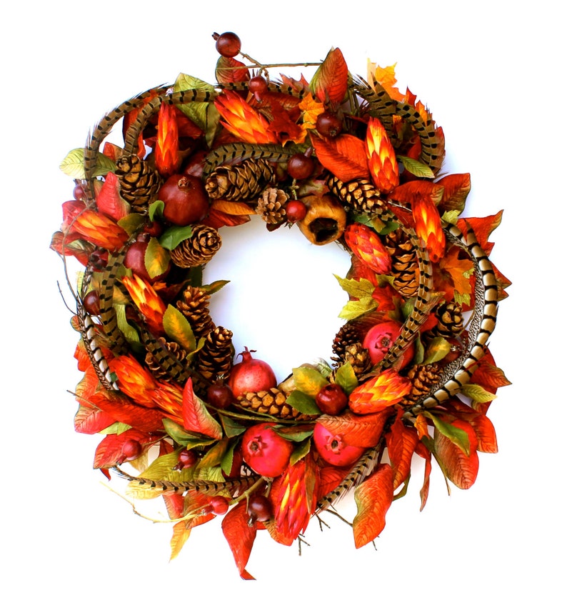 SOLD Thanksgiving Wreath, Woodland Autumn Fall Magnolia, Wall Hanging, Berry Pomegranate & Pheasant Feather Designer Wreath, Hostess Gift image 1