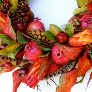 SOLD Thanksgiving Wreath, Woodland Autumn Fall Magnolia, Wall Hanging, Berry Pomegranate & Pheasant Feather Designer Wreath, Hostess Gift image 5