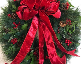 SOLD OUT - Christmas Elegance Wreath, Lifelike Evergreen Sprays Holly Berry Cedar Sprays, Natural Pinecones, Red Velvet Designer Bow