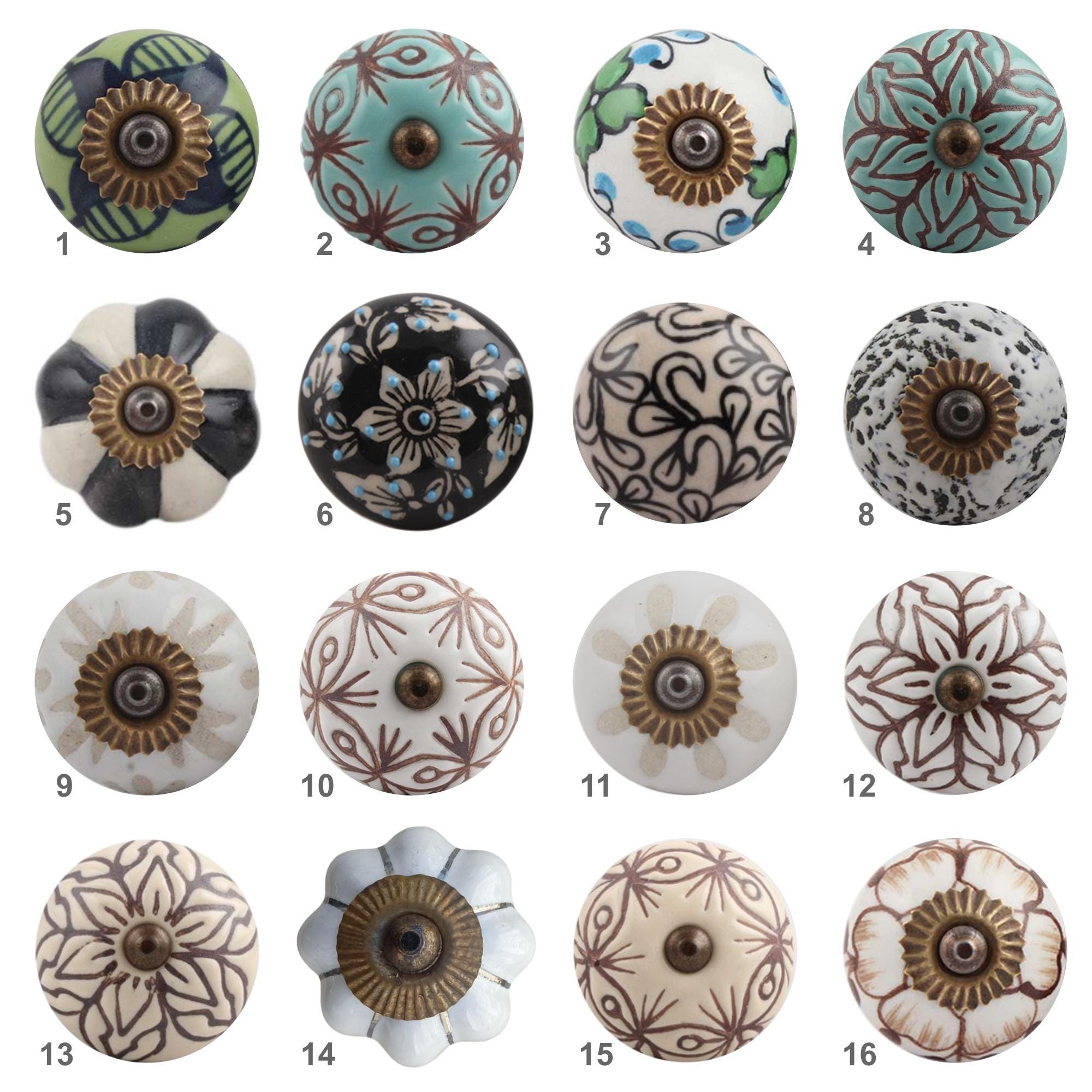 Hand-painted ceramic cupboard knobs (available in 16 variations). The knobs can be mounted on any type of furniture quickly and economically