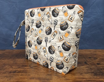 Handle 1-2 Skein Project Bag Halloween Vintage Postcard Project Bag Wedge Bag Zipper