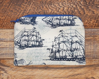 Nautical Ship Notion Pouch - Zipper Bag - Cosmetic Bag - Coin Purse - Purse Organizer - Knitting or Crochet Notions