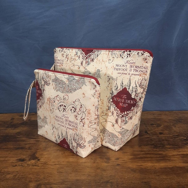 MTO Marauder's Map Project Bag Made With Licensed Harry Potter Fabric - 1-2 Skein or 5-7 Skein Project Bag - Wedge Bag - Zipper - Handle