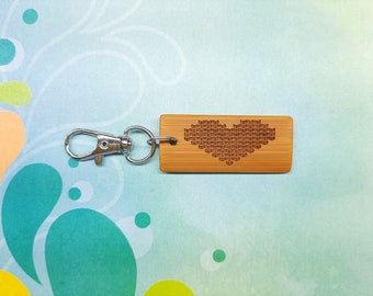Knit Stitch Heart - Bamboo Keychain - Laser Etched - Engraved