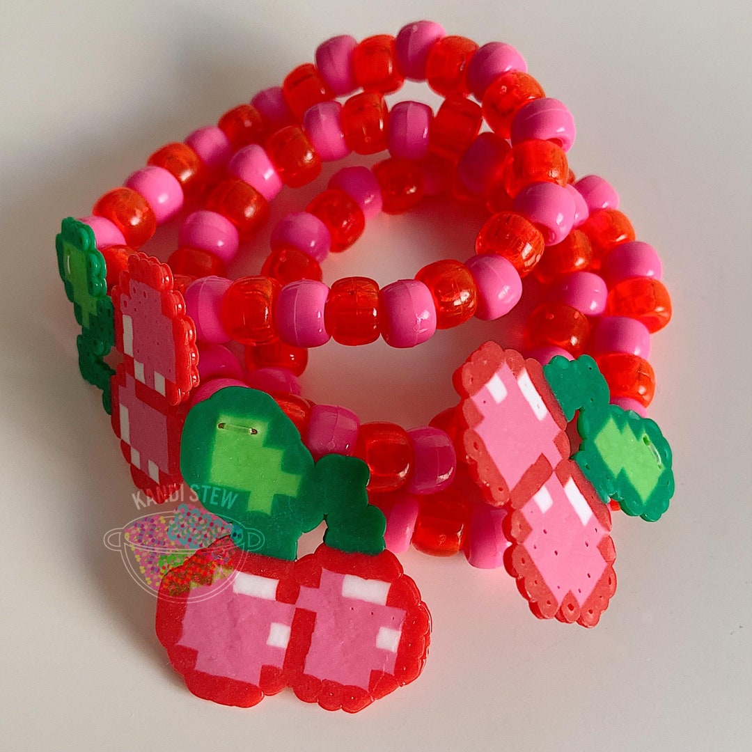 Cherry Kandi Bracelet, Attached Cherry Perler, Valentines Bracelet