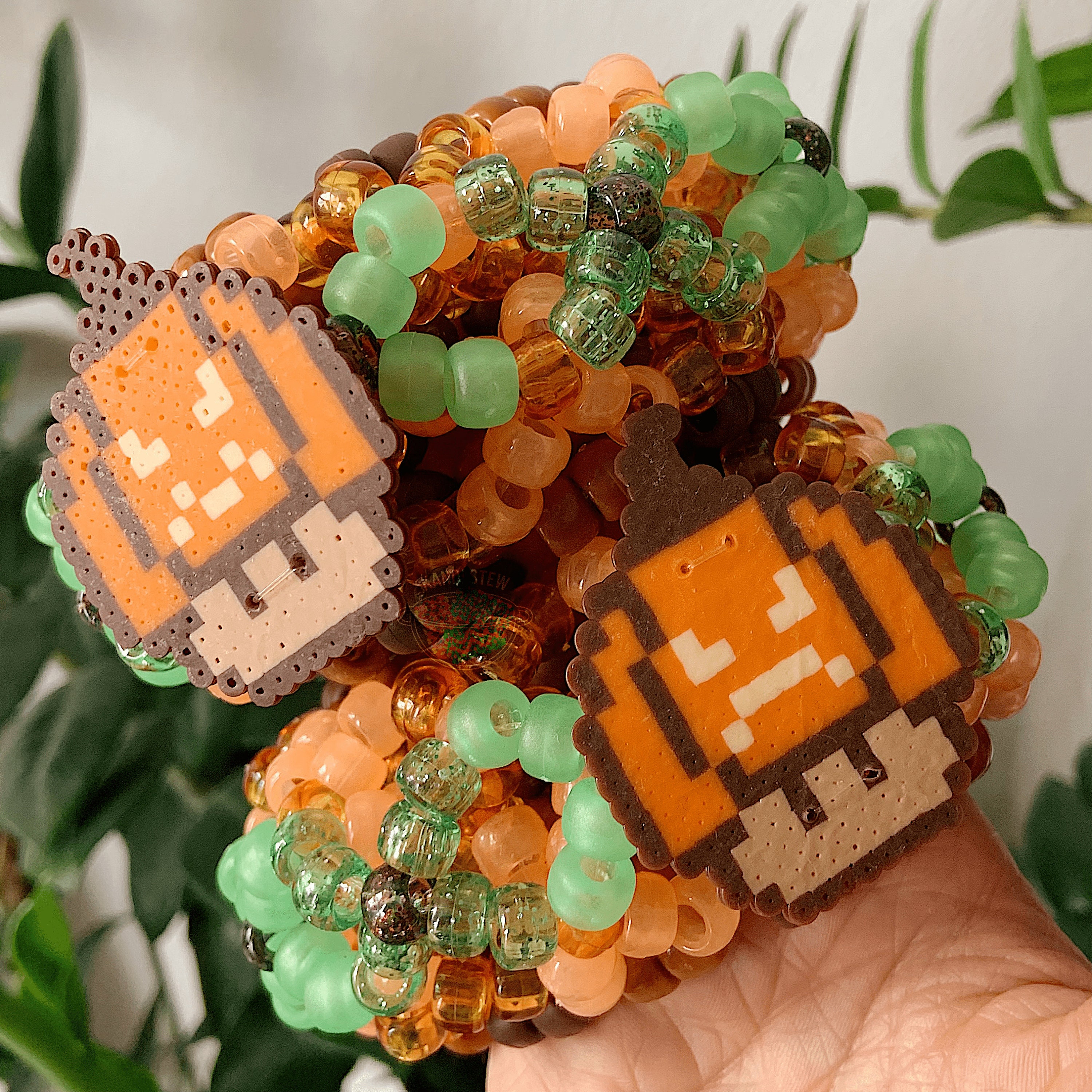 Halloween,  Epic 3D Kandi Cuff, Pumpkin Mushroom Perlers, Brown, Green, Orange, Green 30 Bead Length *PRE-ORDER*