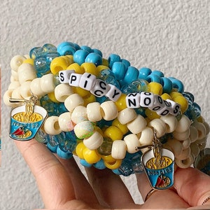 Spicy Noodles 3D Kandi Cuff, Spicy Ramen Charm, Blue and Yellow,  30 Bead Length Circumference *PRE-ORDER*
