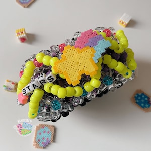 Shoot For the Stars, Epic 3D Kandi Cuff, Star and Rocket Perler, Black,Pink, Yellow, Blue,Purple and Clear. 33 Bead Length *PREORDER*