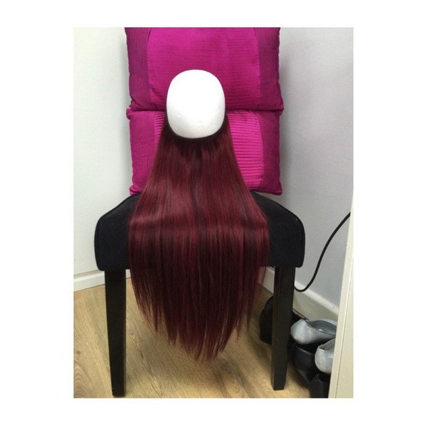 Hexy-Halo Hair Extensions 22" long 130g #99J Plum Red Wine human Invisible Miracle Wire or One Piece Clip In quad weft volumiser half wig