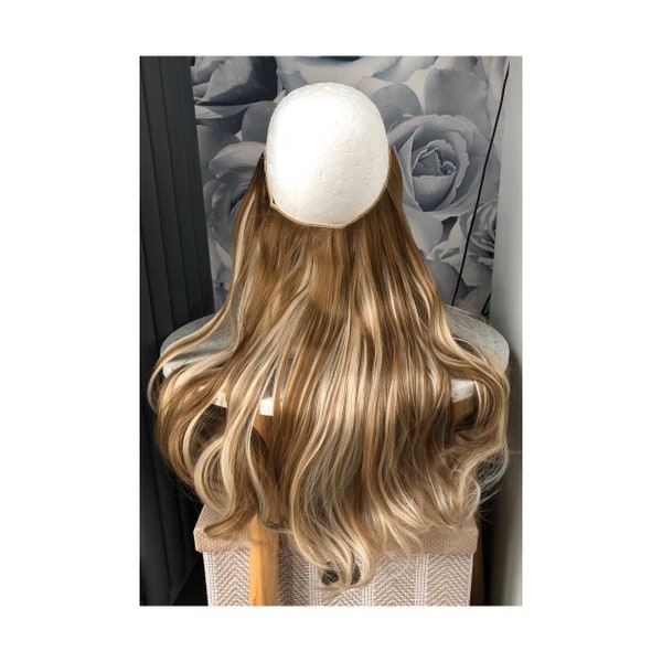 Elastic wire hair extensions Hexy, 16-18” 120g thick wavy synthetic medium-light brown/bleach blonde highlights 6/613