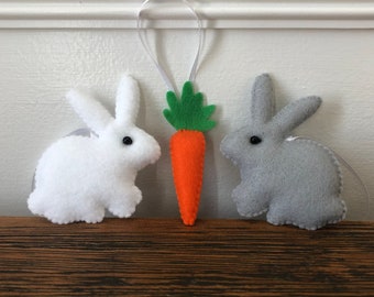 Bunnies Carrot Felt Ornament Set White Gray Bunny Rabbits Easter Decor Spring Ornaments Easter Decorations Fabric Bunny Easter Basket Gift