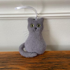 Gray Felt Cat Ornament: Green Eyes, Long Hair, Christmas Kitten