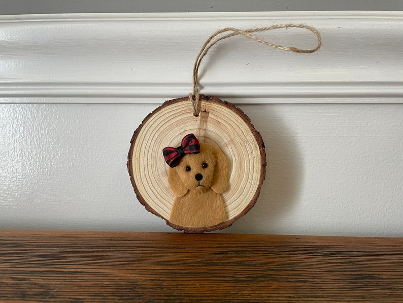 Golden Doodle Labradoodle Girl Boy Tan Felt Ornament Wood Slice Rustic Buffalo Plaid Red Black Bow Tie Ribbon Farmhouse Decor Christmas Gift image 6