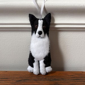 May include: A felt ornament shaped like a sitting Border Collie dog with black and white fur, dark eyes, and a black nose. The dog has a white chest and face blaze, and it hangs from a thin white ribbon attached to the top of its head.