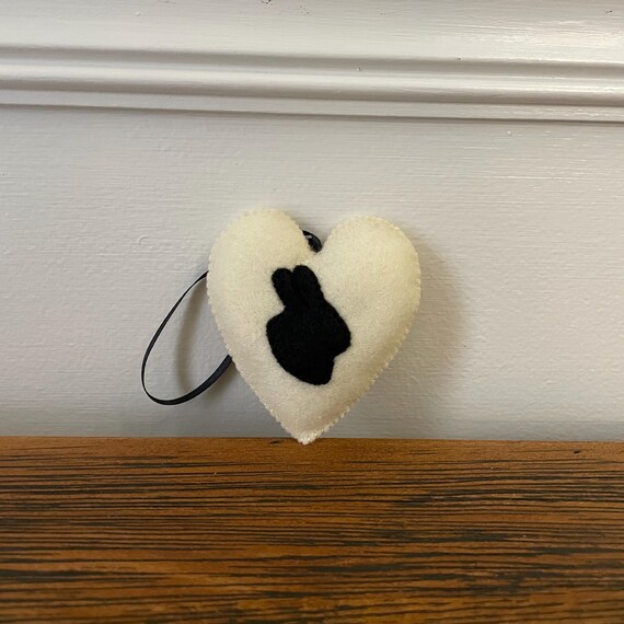 Handmade Felt Bunny Ornament: Black Rabbit Silhouette, White Heart