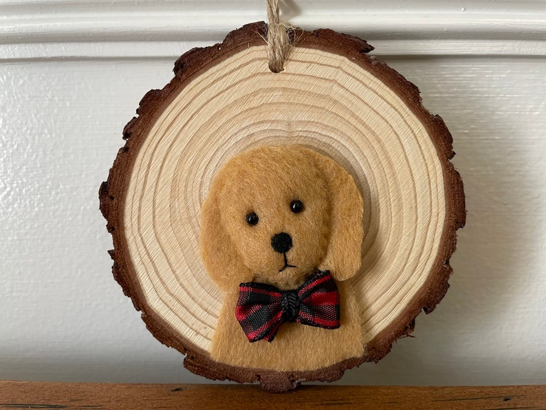 Golden Doodle Labradoodle Girl Boy Tan Felt Ornament Wood Slice Rustic Buffalo Plaid Red Black Bow Tie Ribbon Farmhouse Decor Christmas Gift Boy Bow Tie