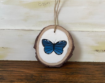 Blue Butterfly Boho Wood Slice Ornament Blue Morpho Fenders Holly Ceraunus Common Blue Butterfly Symbol of Life Remembrance Hope Love Gift