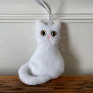 White Felt Cat Ornament: Handmade Plush Kitten with Big Eyes
