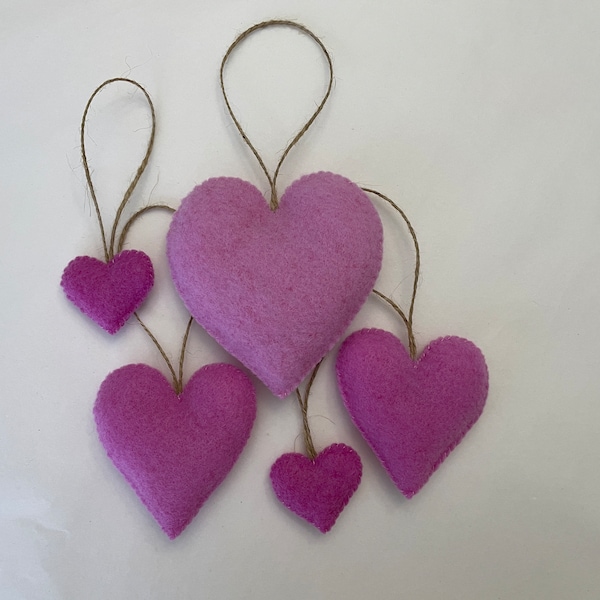 Heart Felt Ornaments Valentines Day Decor Shades of Lavender Pink Love Handmade Simple Basic Hearts Hand-stitched Vday Ornament Set