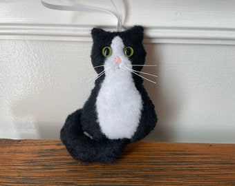 Tuxedo Cat Ornament: Handmade Plush Felt Kitty with Green Eyes