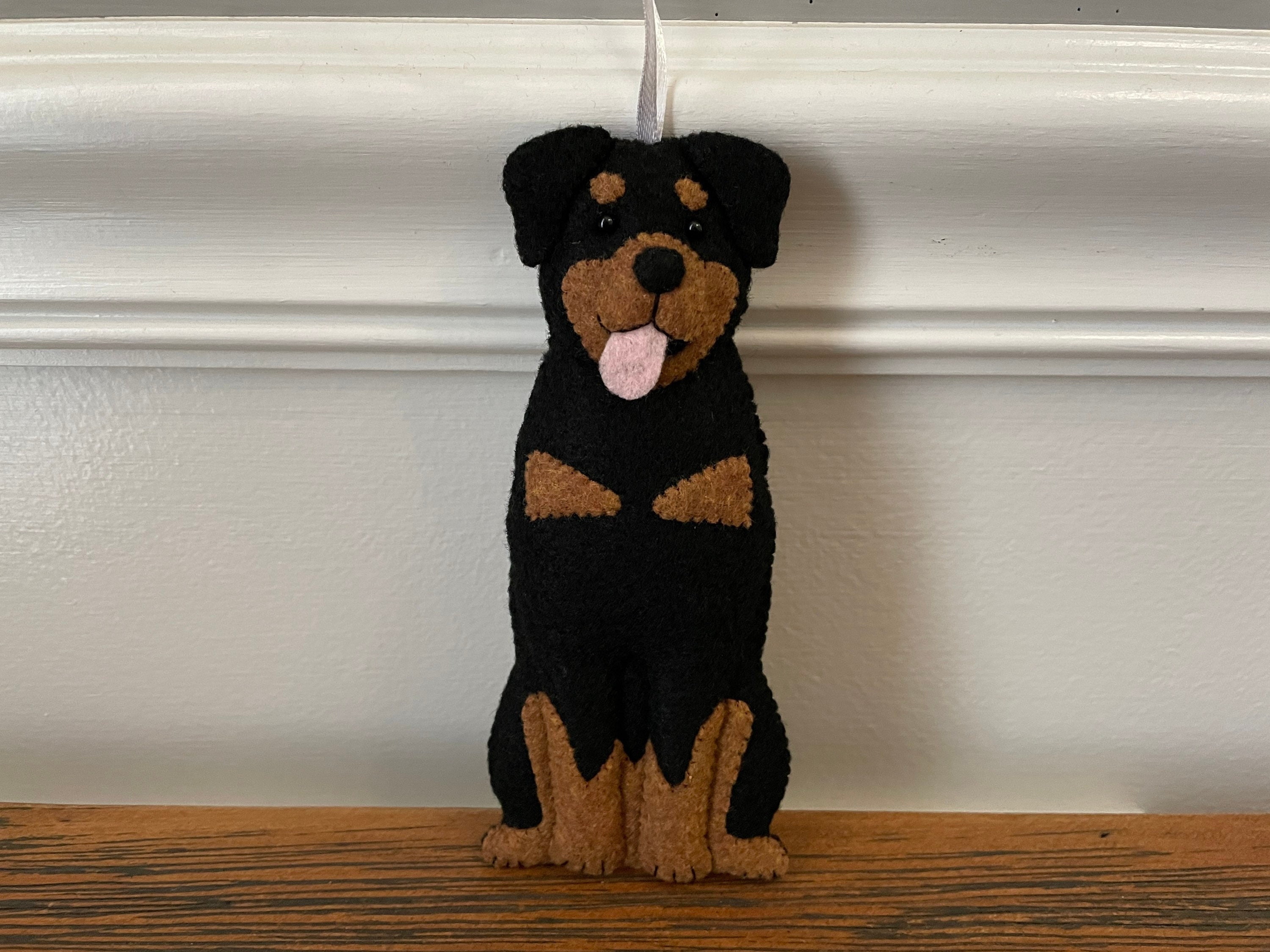 Felt Rottweiler Dog Ornament: Black & Brown Rottie With Pink