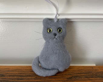 Gray Cat Felt Ornament Green Eyes Gold Long Hair Russian Blue Persian British Shorthair Chartreux Korat Nebelung Grey Kitten Christmas Cat