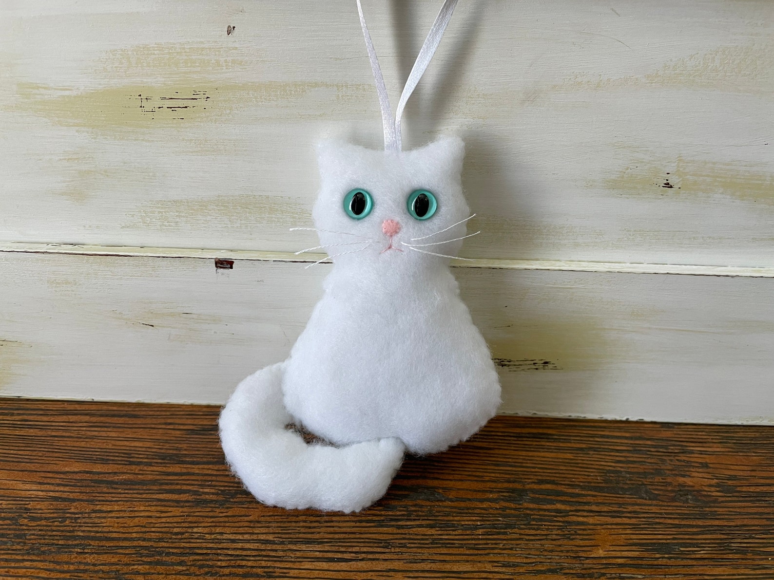 White Cat Felt Ornament Big Green Eyes Amber Blue Gray Eyes | Etsy