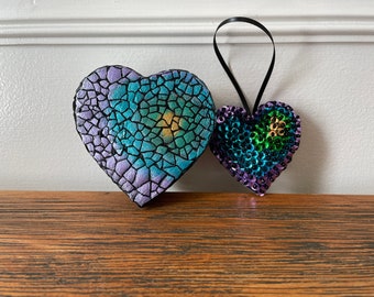 Heart Ornament and Box Giftset Mothers Day Mosaic Metallic Sequins Shiny Colorful Oil Spill Rainbow Love Keepsake Small Trinket Box Pride