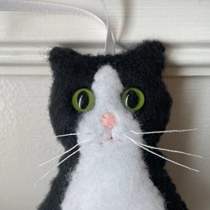 May include: A handmade felt cat ornament with a black and white tuxedo pattern. The cat has large green button eyes, a pink nose, and white whiskers. A gray ribbon is attached for hanging. Cat-themed decor.