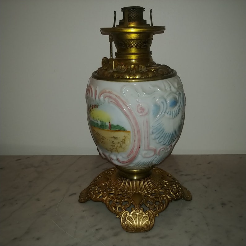 Large Antique American Polychrome Oil Lamp Country Scenes on Etsy
