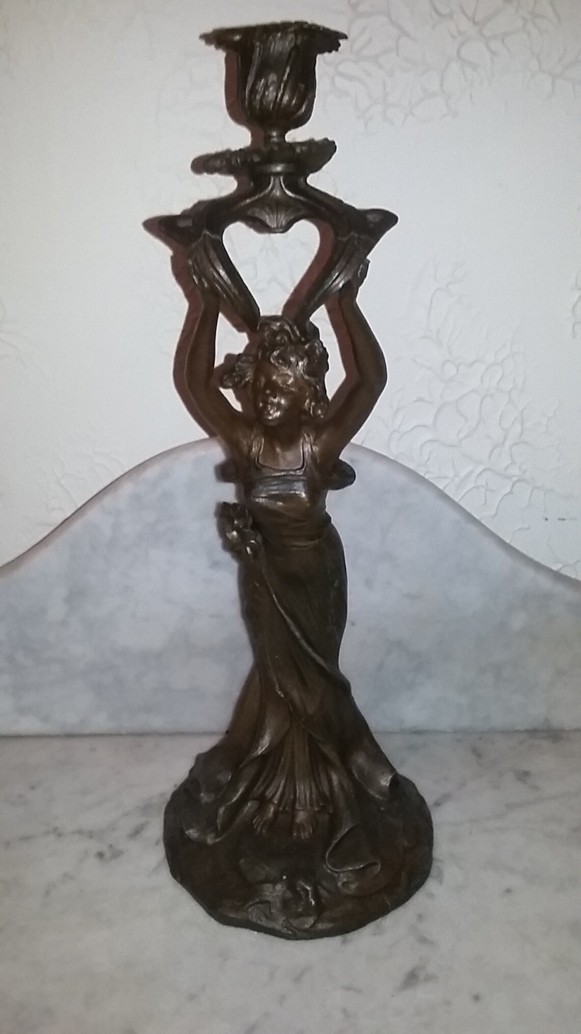 Antique Art Nouveau lady woman figural spelter candlestick image 1