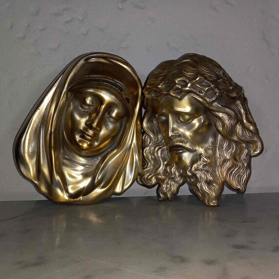 Antique German Religious Art Jesus & Mary Silvered Metal Faces Masks  Sculptures 1910s 