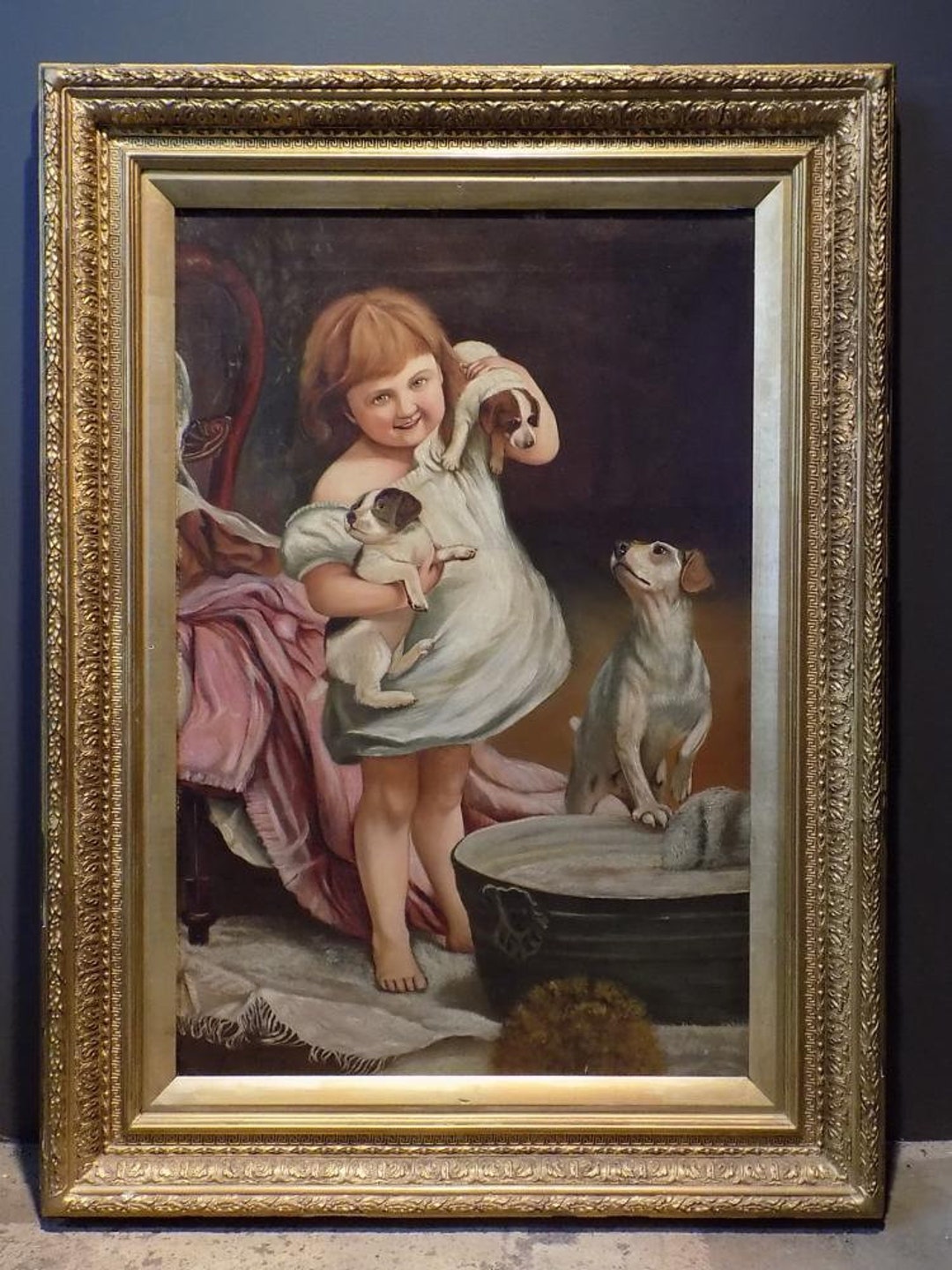 Large Antique Victorian English Painting Oil on Canvas of Girl With ...