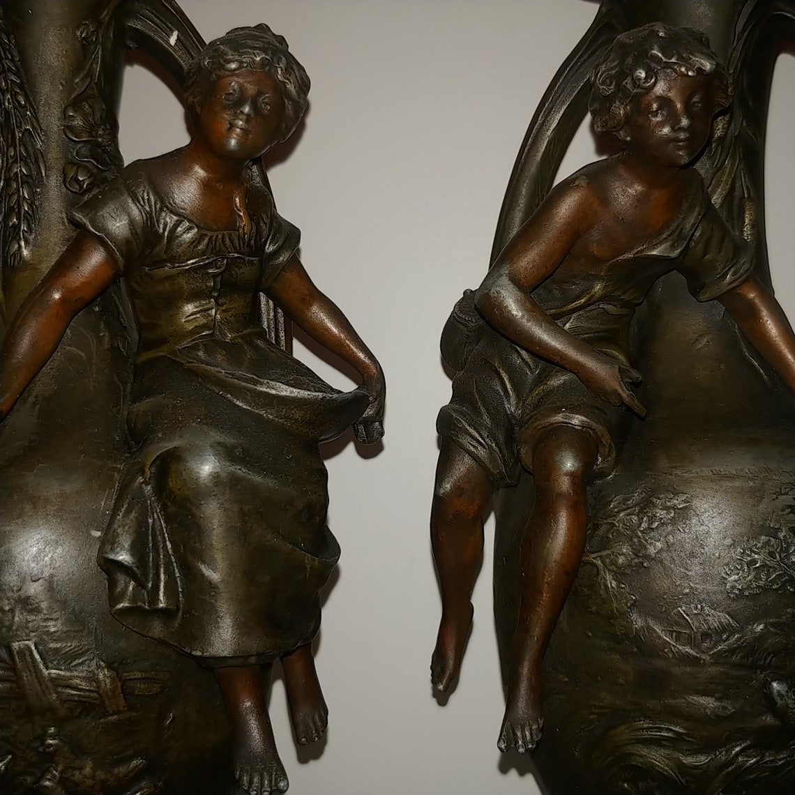 Antique pair of French figural Art Nouveau bronzed spelter image 1