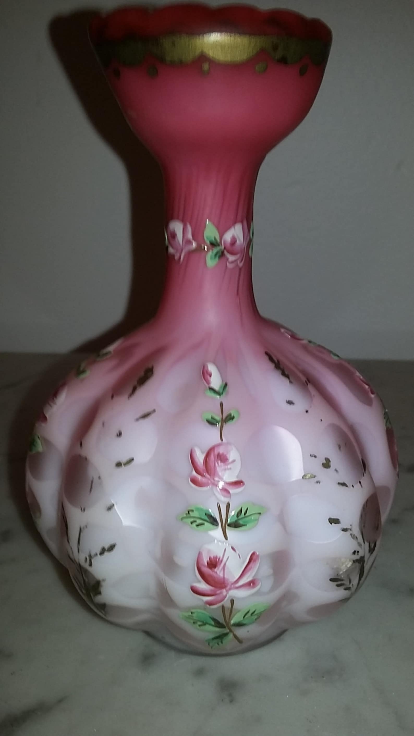 Antique American Hand Blown Pink Satin Glass Vase Hand Painted Etsy