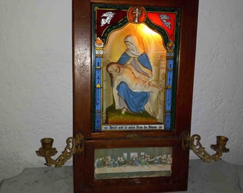 Religious art French Last Sacrament shadow box & candleholders Last Meal scene / porcelain Holy Mary Jesus / glass painted angels 1900s